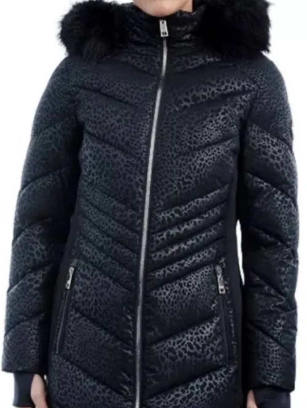 Michael Kors Black Quilted Leopard-Print Puffer with Faux-Fur Trim